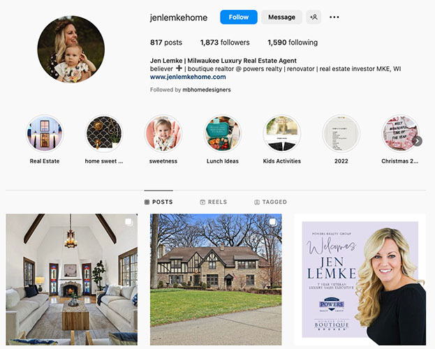Example Instagram profile for a real estate agent in Milwaukee