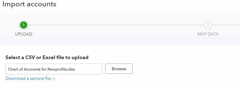 Image showing the first step of importing a chart of accounts by uploading either an Excel or CSV file.