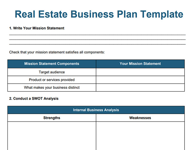 Real estate business plan template created by Fit Small Business