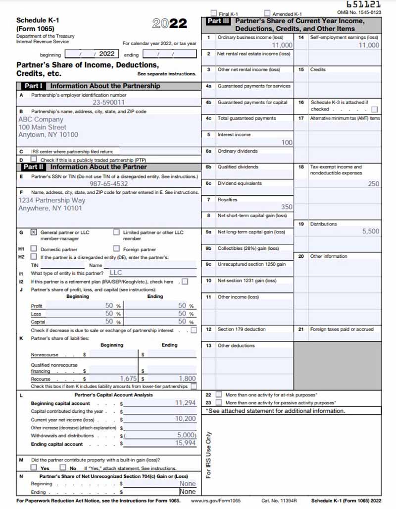 A sample showing the completed IRS Form 1065's Schedule K-1 ,Partner's Share of Income, Part I lines, A-D, Part II, Lines E- N, and Part III 1-23.