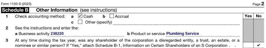 Form 1120S, Schedule B, Lines 1 through 3 answered with ABC Company information