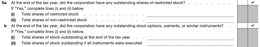 Form 1120s, Schedule B, question 5 indicating that ABC Company does not have any restricted stock or stock options, or stock warrants outstanding