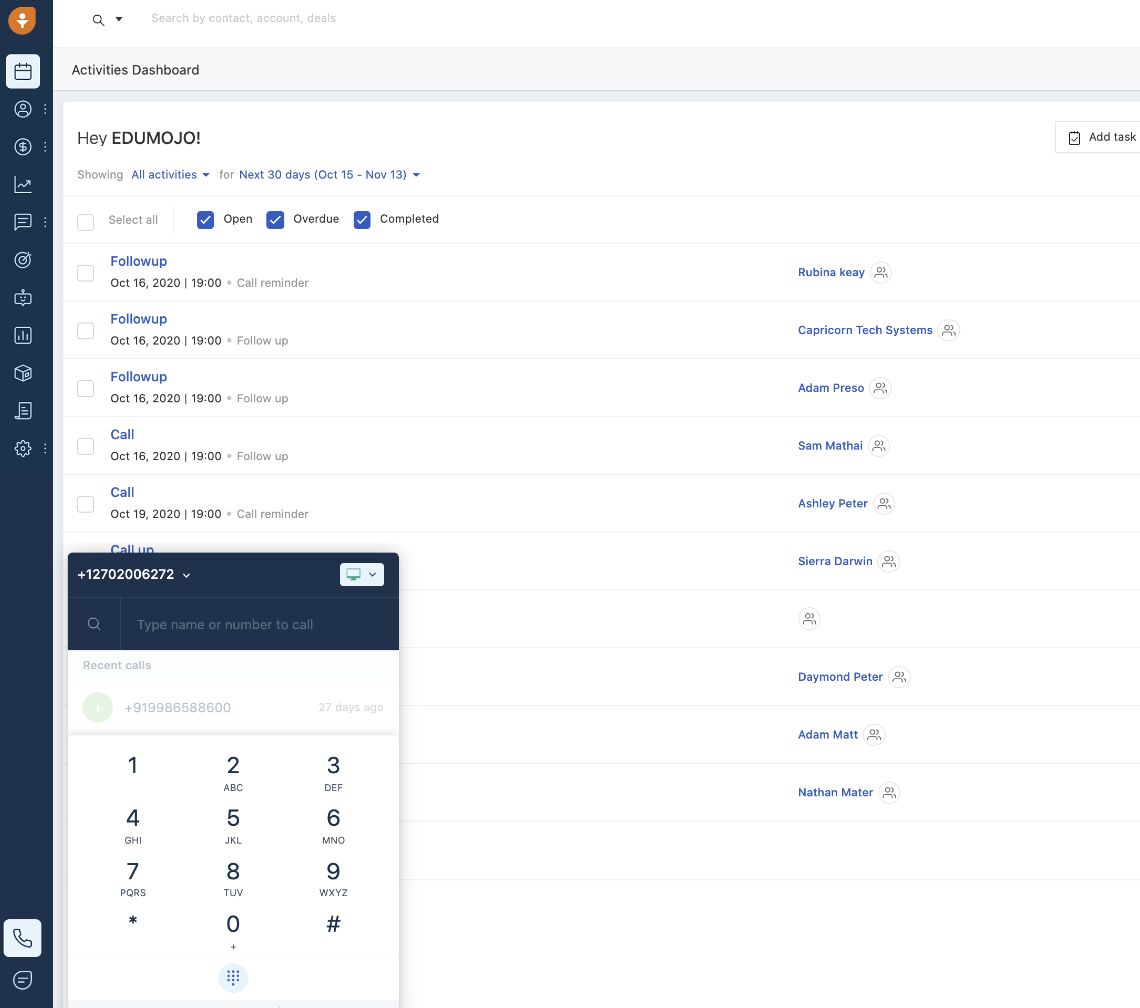 Freshsales’ activities dashboard allows users to take calls.