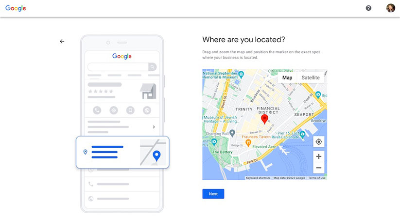 Pinpointing business location on the GBP setup page
