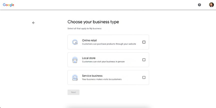 Choosing a business type on Google Business Profile