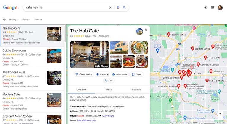 Google Business Profiles of various cafes in a local area