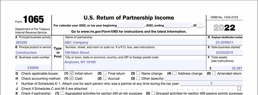 A completed sample of IRS Form 1065, General Information Section.
