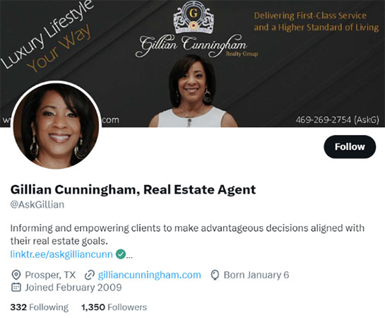 Screenshot of Gillian Cunningham Twitter real estate agent bio