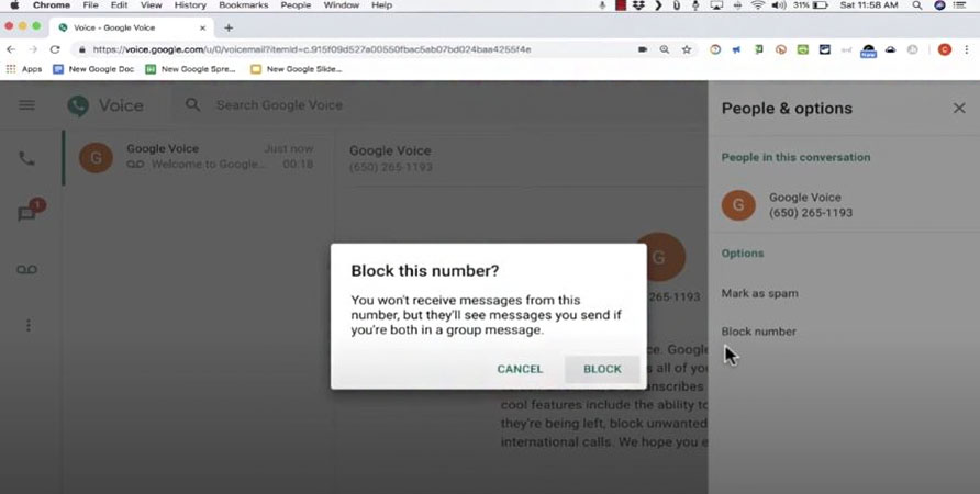 Pop up confirming Google Voice is blocking a phone number