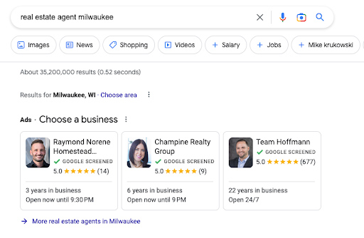 Google results for the keyword "real estate agent Milwaukee"