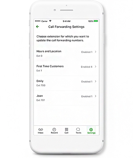 A smartphone showing Grasshopper's call forwarding settings