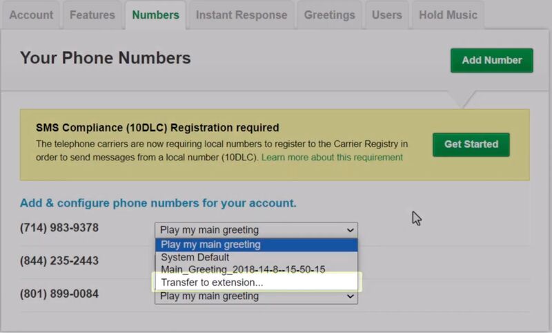 How to configure phone numbers for the main greeting and user extensions on a Grasshopper account.