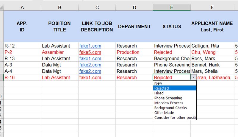 HR applicant master tracking spreadsheet with drop down for applicant status.