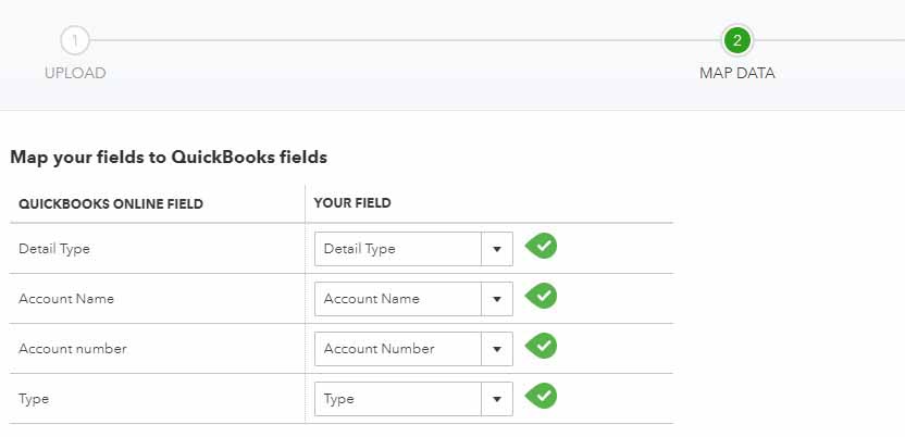 Image showing how to map the fields required by QuickBooks when importing a chart of accounts.
