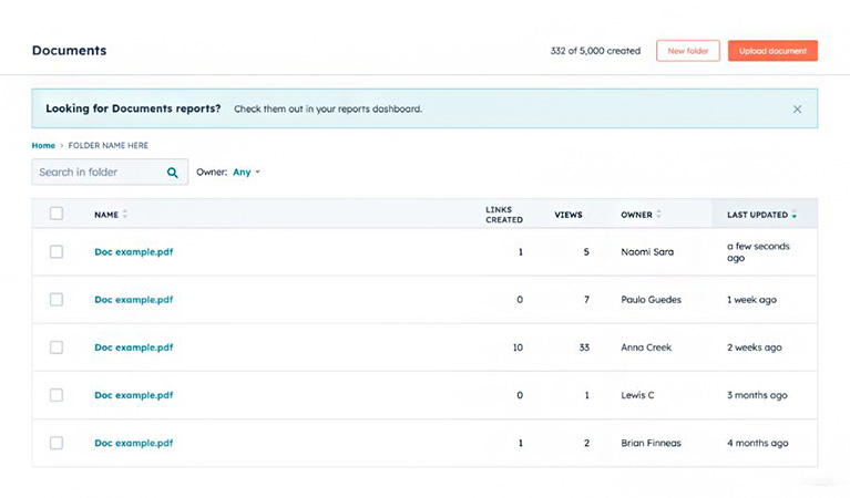 An example of HubSpot's shared library of sales content for a user's sales team.