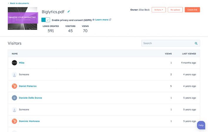 An example of a unified library of trackable sales content within HubSpot.