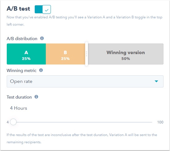 Creating an email A/B test in HubSpot.