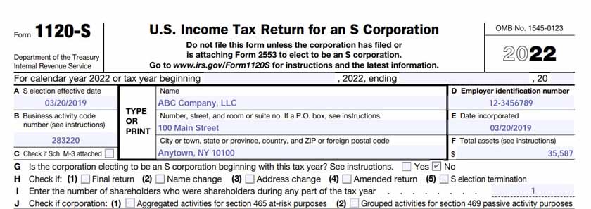 The general information section on IRS Form 1120S completed with sample data.