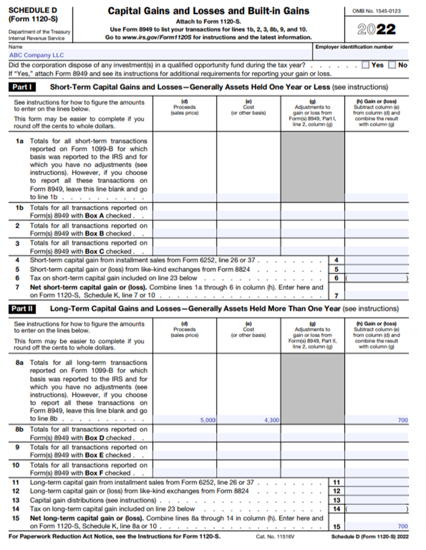 IRS Form 1120S Schedule D filled-out with sample data.