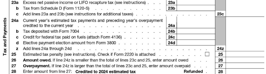 Tax and payment section at the bottom of page 1 of Form 1120S