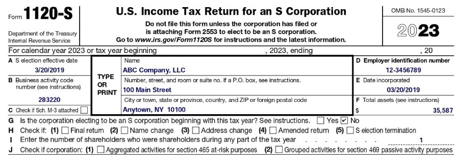 Form 1120S, Page 1 general information completed ABC Company