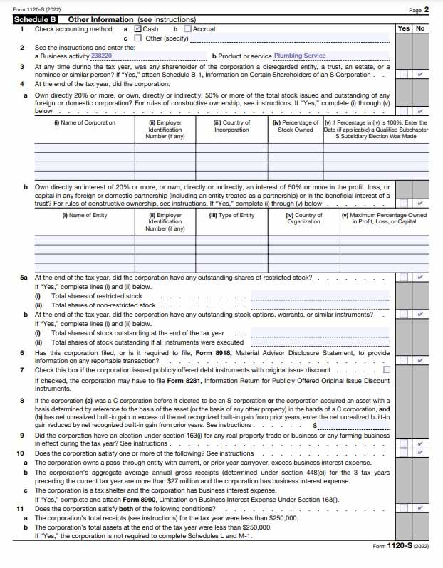 An example of a completed IRS Form 1120S Schedule B.