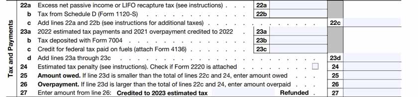 A blank IRS Form 1120S' tax and payments section.