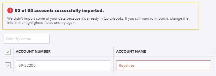 Image showing a warning from QuickBooks for imported accounts with a similar name.