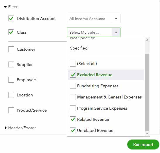 Image showing checkboxes when selecting specific classes during report customization.