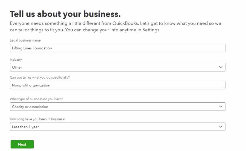 Image showing the first step of the initial setup that asks users about the nature of the business.