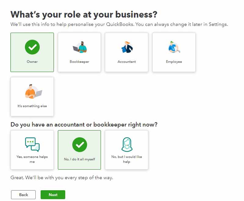 Image showing the second step of the initial setup that asks the user of its role in the business.