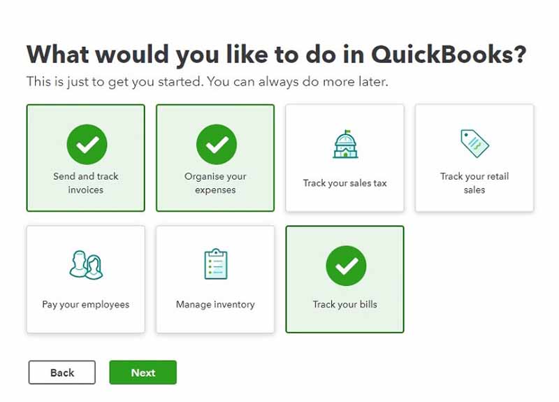 mage showing the third step of the initial setup that asks the user of their possible uses of QuickBooks Online.