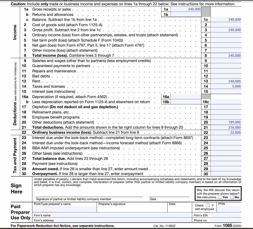 A sample of a filled in IRS Form 1065, Lines 1 through 30.