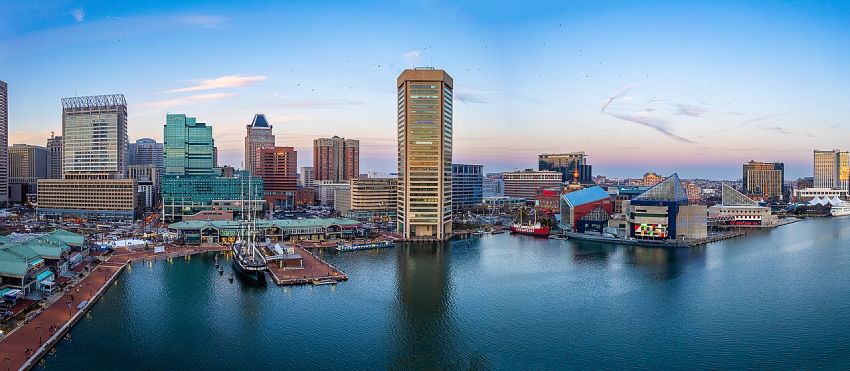View of the inner Harbor skyline in Baltimore, Maryland.