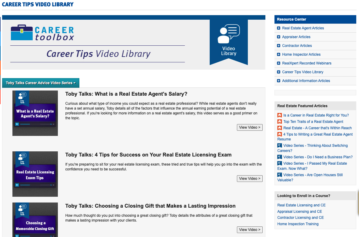 Kaplan Real Estate career toolbox video library.