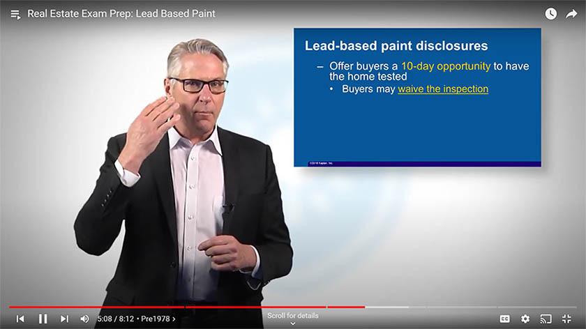A screenshot of a Kaplan exam prep video about lead-based paint.