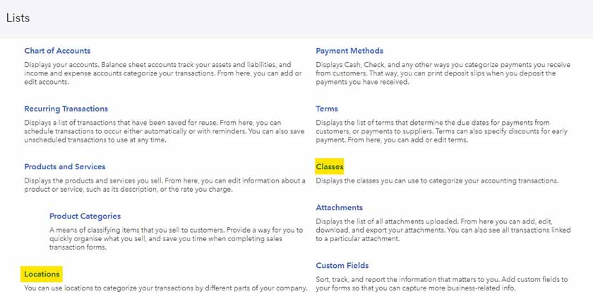 Image showing all the lists in QuickBooks Online with emphasis on classes and locations as highlighted in yellow.