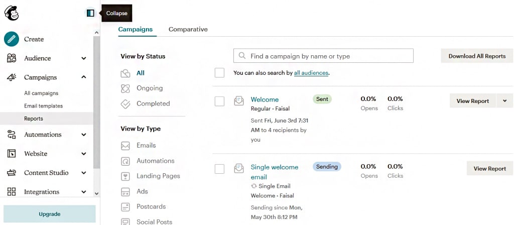Tracking email campaign performance in Mailchimp.