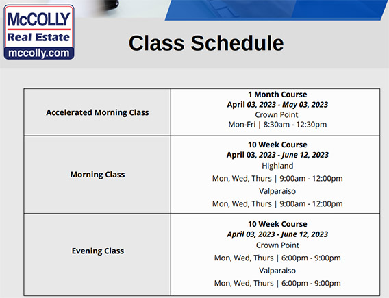 McColly School of Real Estate in-person class schedule and locations