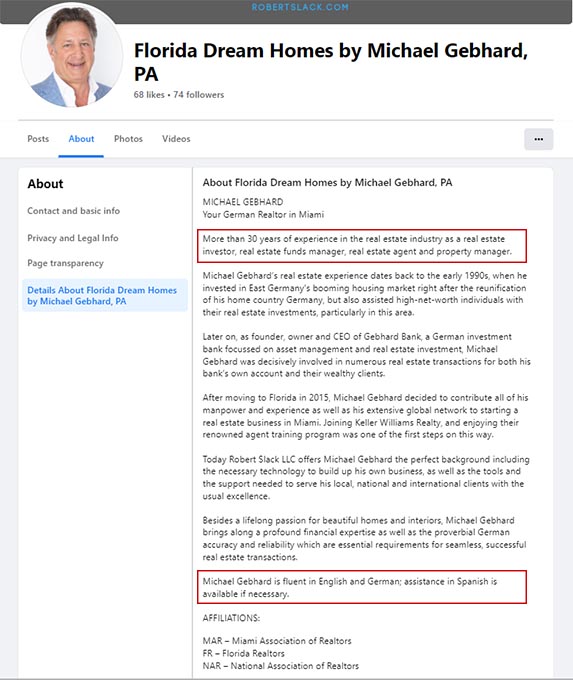 Screenshot of Michael Gebhard realtor bio