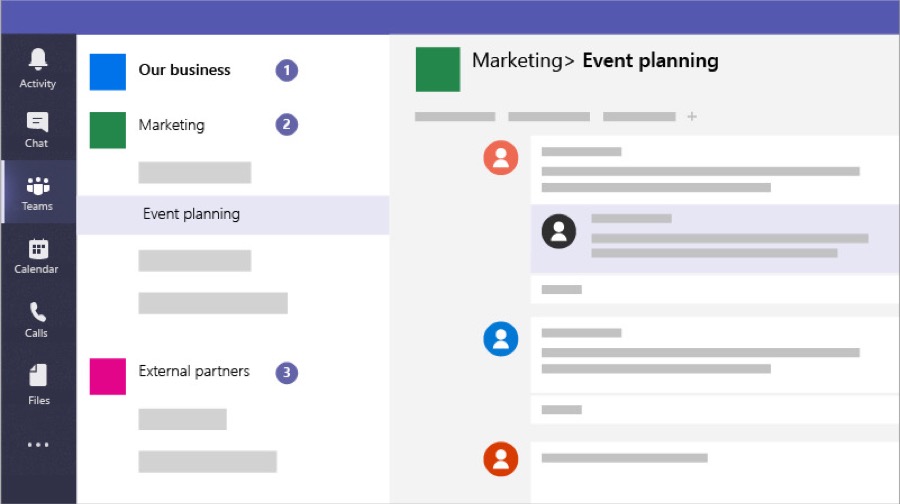 Graphic of the Microsoft Teams app interface showing the option to create a meetings and channels for group and private chats.
