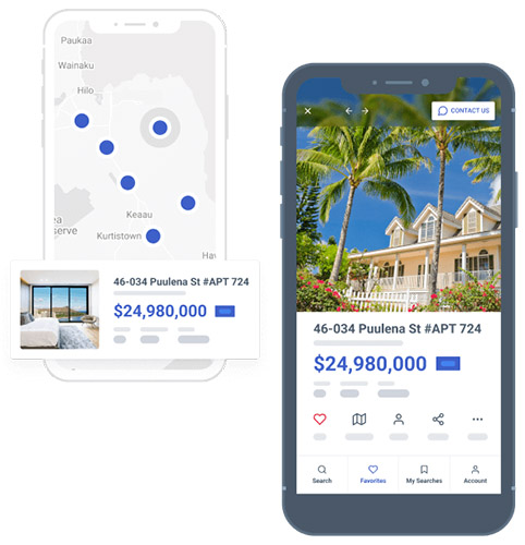 Real-time mobile app showing a new listing with location map and property details.