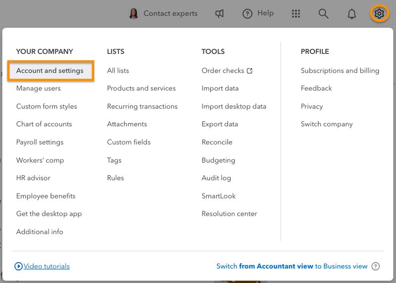 Screen showing how to navigate to Account and Settings in QuickBooks Online