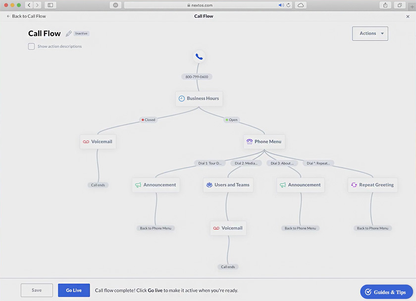 A screenshot of Nextiva's call flow builder
