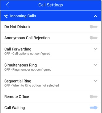 Nextiva's incoming call settings, interface showing different options, such as "Do Not Disturb", "Anonymous Call Rejection", "Call Forwarding", and "Simultaneous Ring".