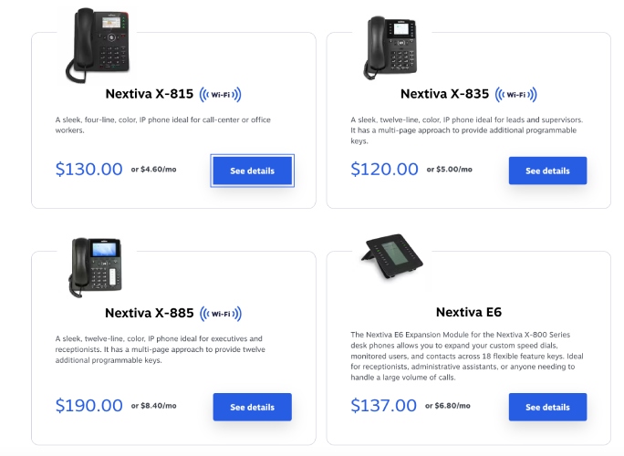 Two rows of Nextiva devices with their respective model names and prices