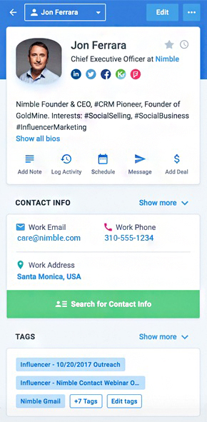 Viewing contact record with prospect contact info search button in Nimble.
