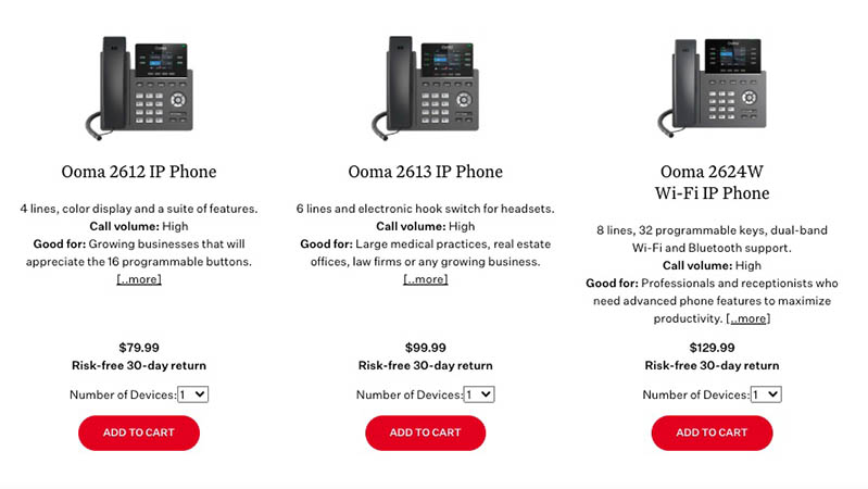 A row of Ooma IP phones with a red add to cart button at the bottom of each phone option.