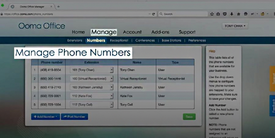 Ooma's backend portal that allows users to manage their Ooma virtual numbers.
