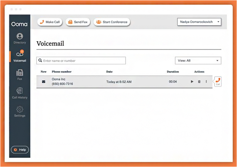Screenshot of Ooma's dashboard showing voicemail messages.